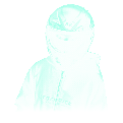 Xusan Ibragimov in a racing helmet, drawn in mint-colored dots